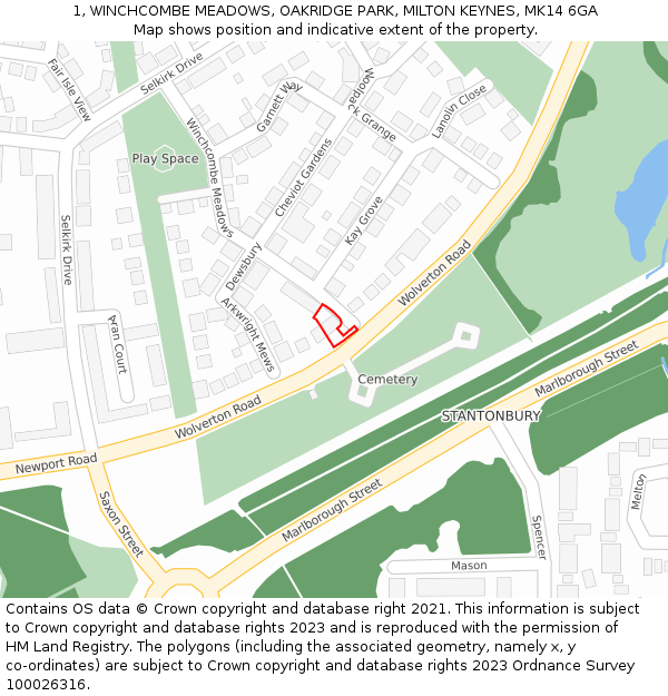 1, WINCHCOMBE MEADOWS, OAKRIDGE PARK, MILTON KEYNES, MK14 6GA: Location map and indicative extent of plot