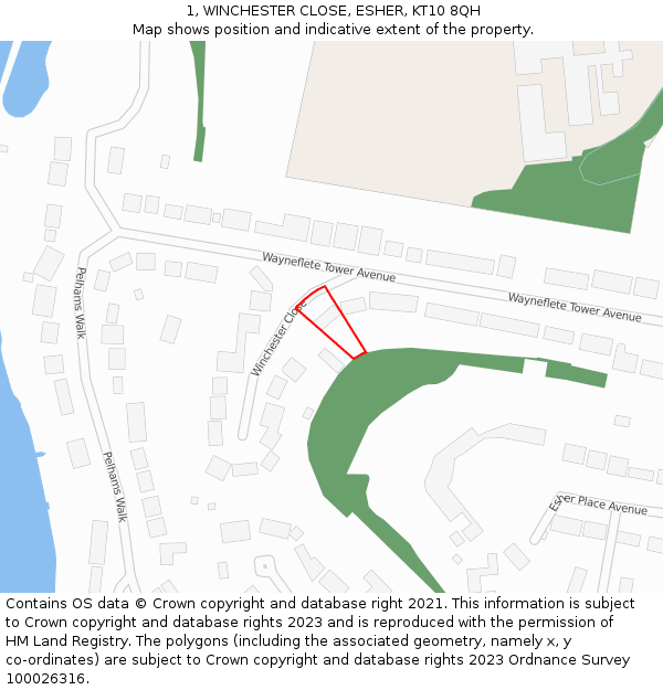 1, WINCHESTER CLOSE, ESHER, KT10 8QH: Location map and indicative extent of plot