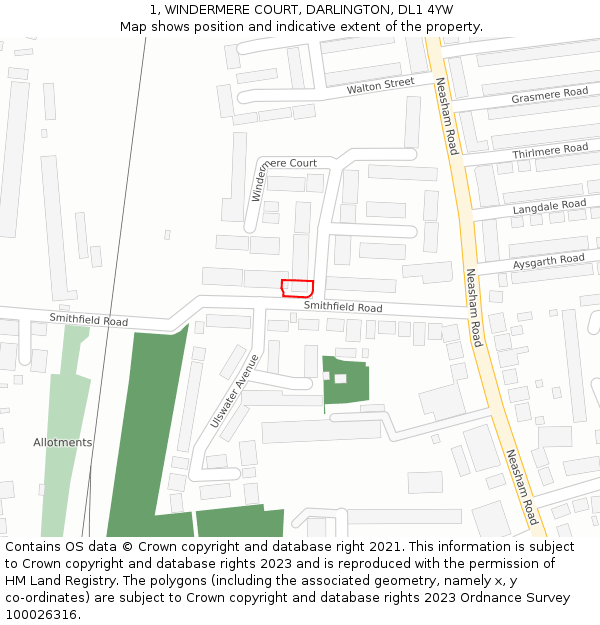 1, WINDERMERE COURT, DARLINGTON, DL1 4YW: Location map and indicative extent of plot