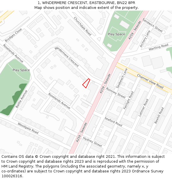 1, WINDERMERE CRESCENT, EASTBOURNE, BN22 8PR: Location map and indicative extent of plot