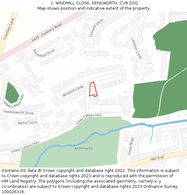 1, WINDMILL CLOSE, KENILWORTH, CV8 2GQ: Location map and indicative extent of plot