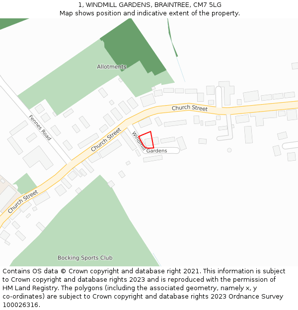 1, WINDMILL GARDENS, BRAINTREE, CM7 5LG: Location map and indicative extent of plot