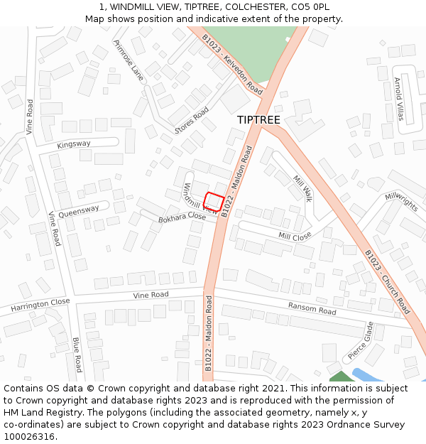 1, WINDMILL VIEW, TIPTREE, COLCHESTER, CO5 0PL: Location map and indicative extent of plot