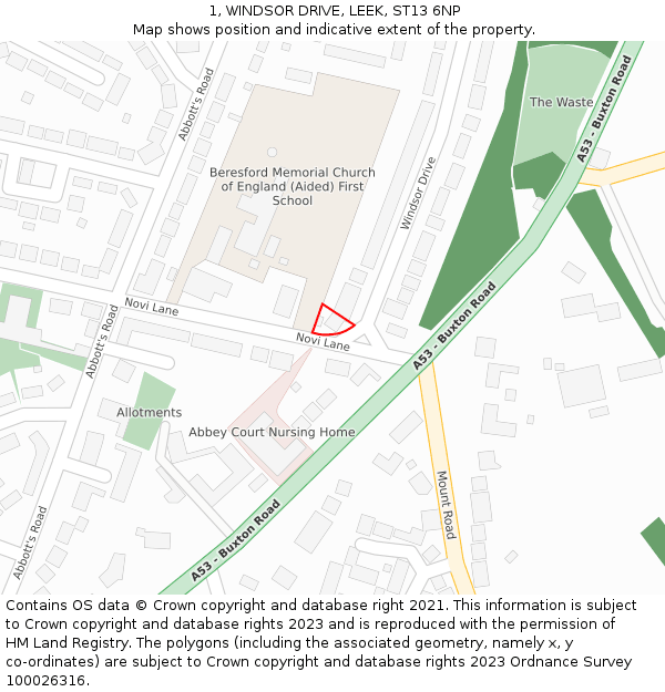 1, WINDSOR DRIVE, LEEK, ST13 6NP: Location map and indicative extent of plot