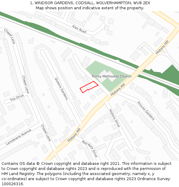 1, WINDSOR GARDENS, CODSALL, WOLVERHAMPTON, WV8 2EX: Location map and indicative extent of plot