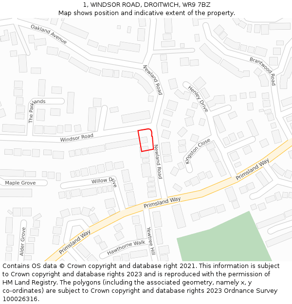 1, WINDSOR ROAD, DROITWICH, WR9 7BZ: Location map and indicative extent of plot