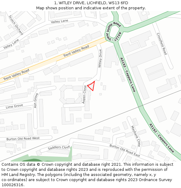1, WITLEY DRIVE, LICHFIELD, WS13 6FD: Location map and indicative extent of plot