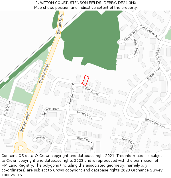 1, WITTON COURT, STENSON FIELDS, DERBY, DE24 3HX: Location map and indicative extent of plot