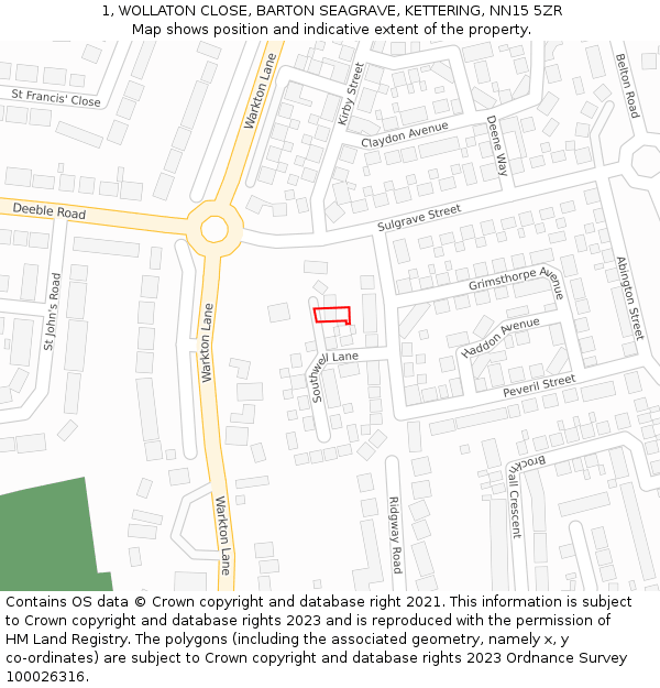1, WOLLATON CLOSE, BARTON SEAGRAVE, KETTERING, NN15 5ZR: Location map and indicative extent of plot