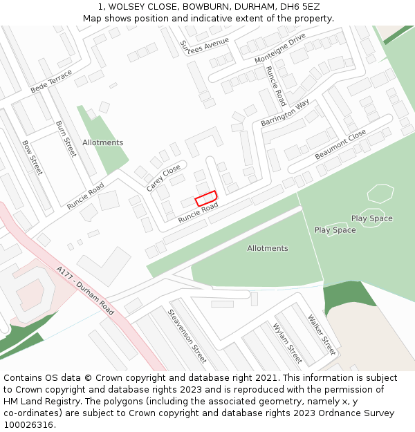 1, WOLSEY CLOSE, BOWBURN, DURHAM, DH6 5EZ: Location map and indicative extent of plot