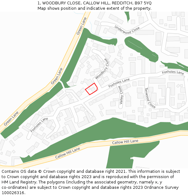 1, WOODBURY CLOSE, CALLOW HILL, REDDITCH, B97 5YQ: Location map and indicative extent of plot
