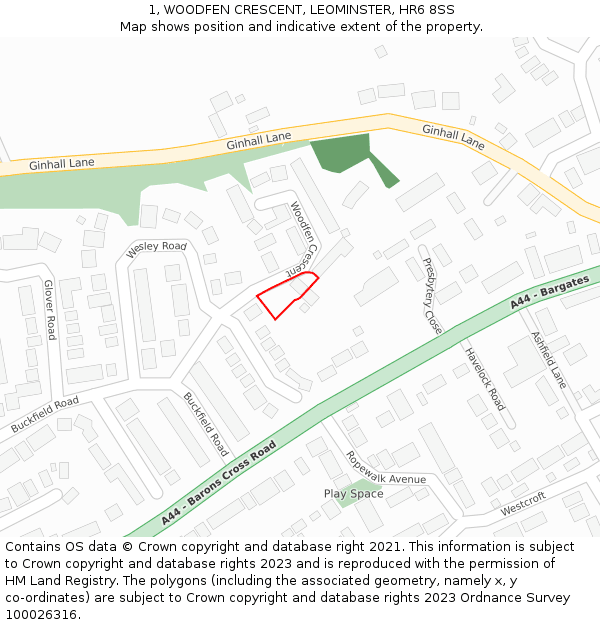 1, WOODFEN CRESCENT, LEOMINSTER, HR6 8SS: Location map and indicative extent of plot