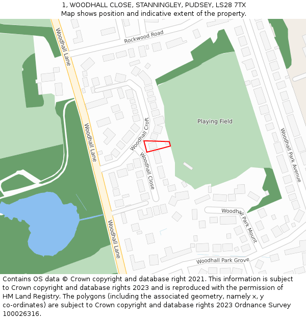 1, WOODHALL CLOSE, STANNINGLEY, PUDSEY, LS28 7TX: Location map and indicative extent of plot