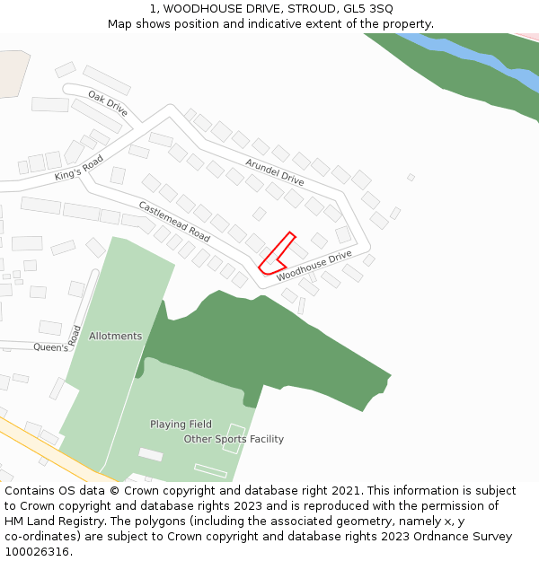 1, WOODHOUSE DRIVE, STROUD, GL5 3SQ: Location map and indicative extent of plot