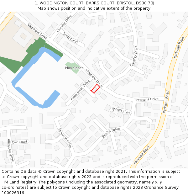 1, WOODINGTON COURT, BARRS COURT, BRISTOL, BS30 7BJ: Location map and indicative extent of plot