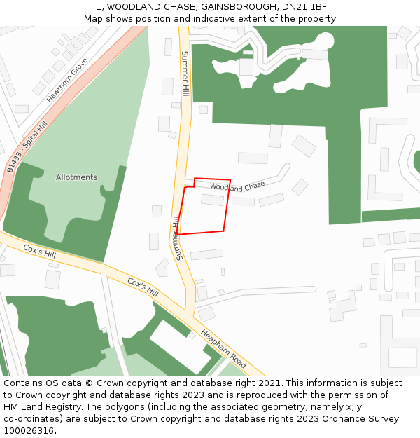 1, WOODLAND CHASE, GAINSBOROUGH, DN21 1BF: Location map and indicative extent of plot