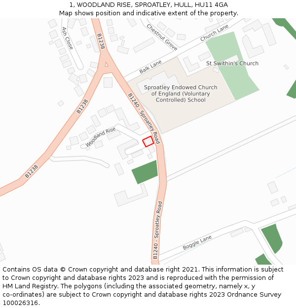 1, WOODLAND RISE, SPROATLEY, HULL, HU11 4GA: Location map and indicative extent of plot