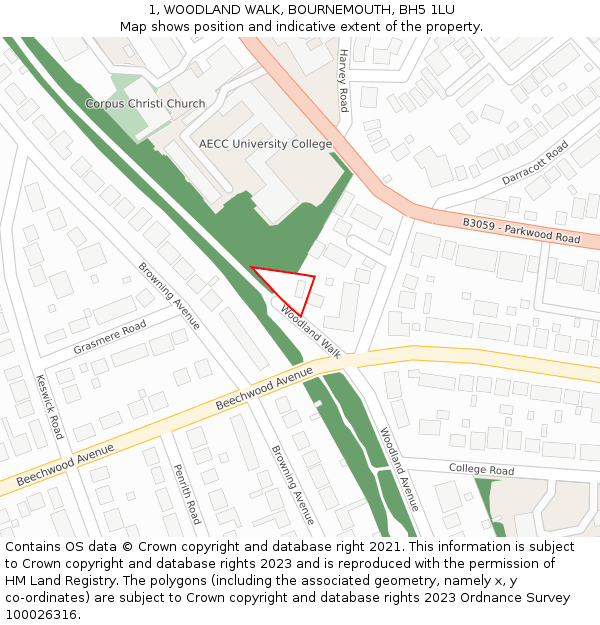 1, WOODLAND WALK, BOURNEMOUTH, BH5 1LU: Location map and indicative extent of plot