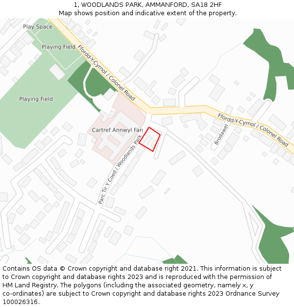 1, WOODLANDS PARK, AMMANFORD, SA18 2HF: Location map and indicative extent of plot