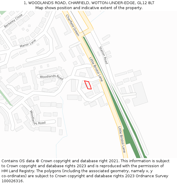 1, WOODLANDS ROAD, CHARFIELD, WOTTON-UNDER-EDGE, GL12 8LT: Location map and indicative extent of plot