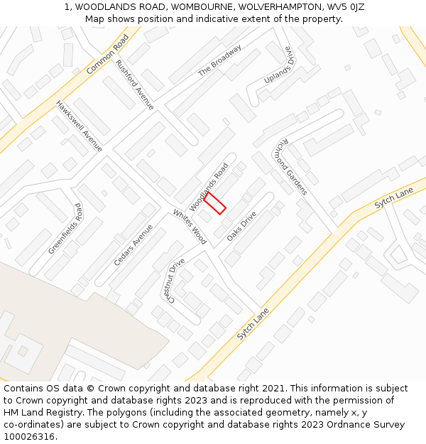 1, WOODLANDS ROAD, WOMBOURNE, WOLVERHAMPTON, WV5 0JZ: Location map and indicative extent of plot