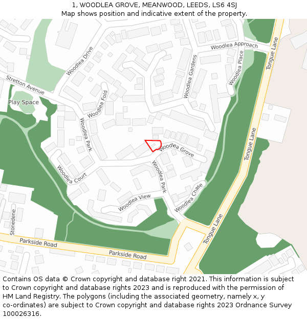 1, WOODLEA GROVE, MEANWOOD, LEEDS, LS6 4SJ: Location map and indicative extent of plot