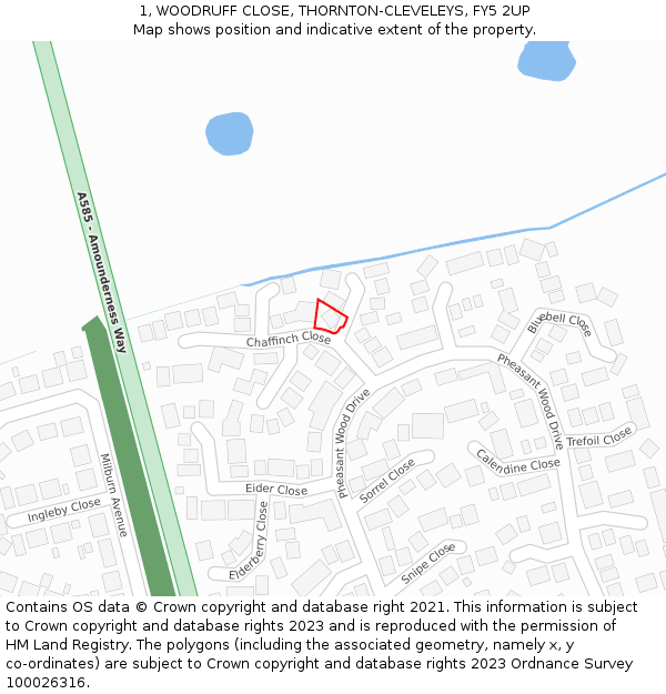 1, WOODRUFF CLOSE, THORNTON-CLEVELEYS, FY5 2UP: Location map and indicative extent of plot