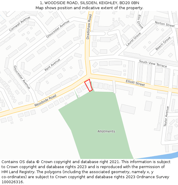 1, WOODSIDE ROAD, SILSDEN, KEIGHLEY, BD20 0BN: Location map and indicative extent of plot