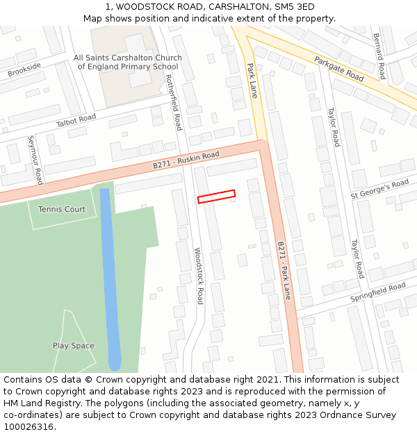 1, WOODSTOCK ROAD, CARSHALTON, SM5 3ED: Location map and indicative extent of plot