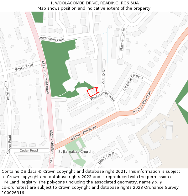 1, WOOLACOMBE DRIVE, READING, RG6 5UA: Location map and indicative extent of plot