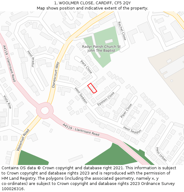 1, WOOLMER CLOSE, CARDIFF, CF5 2QY: Location map and indicative extent of plot