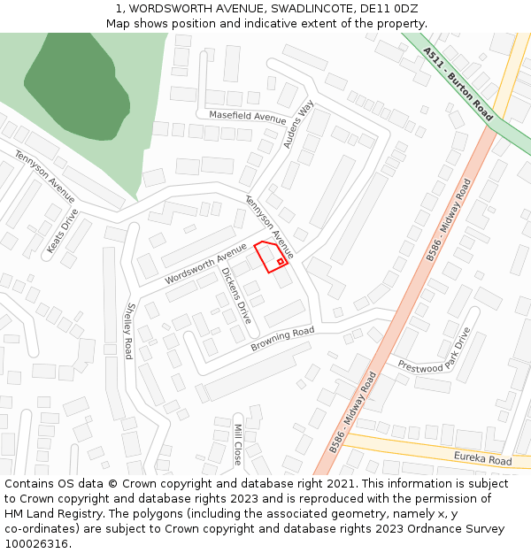 1, WORDSWORTH AVENUE, SWADLINCOTE, DE11 0DZ: Location map and indicative extent of plot
