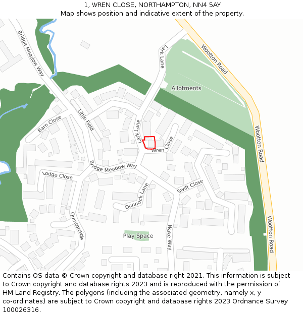 1, WREN CLOSE, NORTHAMPTON, NN4 5AY: Location map and indicative extent of plot