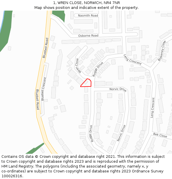 1, WREN CLOSE, NORWICH, NR4 7NR: Location map and indicative extent of plot