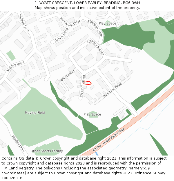 1, WYATT CRESCENT, LOWER EARLEY, READING, RG6 3WH: Location map and indicative extent of plot