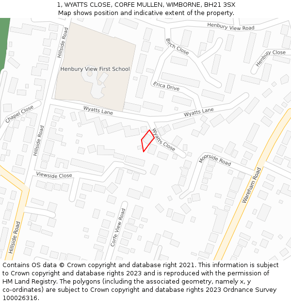 1, WYATTS CLOSE, CORFE MULLEN, WIMBORNE, BH21 3SX: Location map and indicative extent of plot