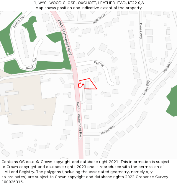 1, WYCHWOOD CLOSE, OXSHOTT, LEATHERHEAD, KT22 0JA: Location map and indicative extent of plot