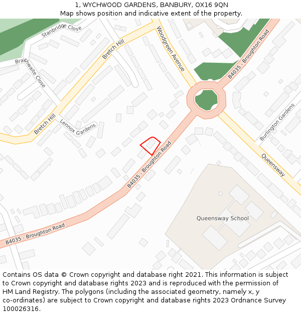 1, WYCHWOOD GARDENS, BANBURY, OX16 9QN: Location map and indicative extent of plot