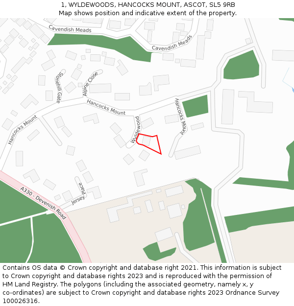 1, WYLDEWOODS, HANCOCKS MOUNT, ASCOT, SL5 9RB: Location map and indicative extent of plot