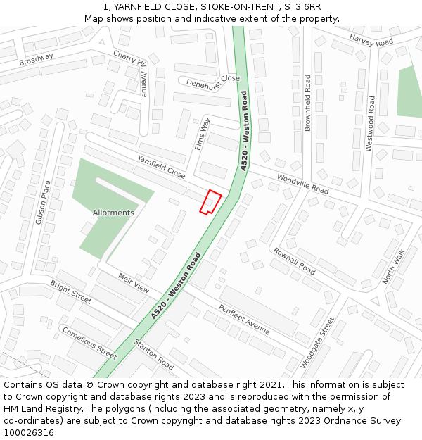 1, YARNFIELD CLOSE, STOKE-ON-TRENT, ST3 6RR: Location map and indicative extent of plot