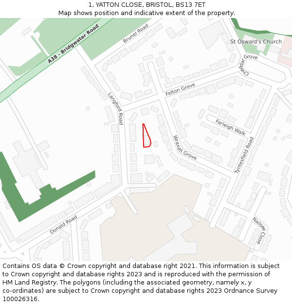 1, YATTON CLOSE, BRISTOL, BS13 7ET: Location map and indicative extent of plot