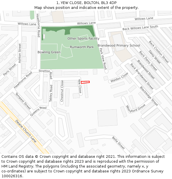 1, YEW CLOSE, BOLTON, BL3 4DP: Location map and indicative extent of plot