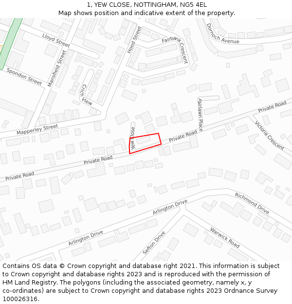 1, YEW CLOSE, NOTTINGHAM, NG5 4EL: Location map and indicative extent of plot