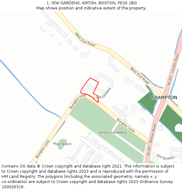 1, YEW GARDENS, KIRTON, BOSTON, PE20 1BG: Location map and indicative extent of plot