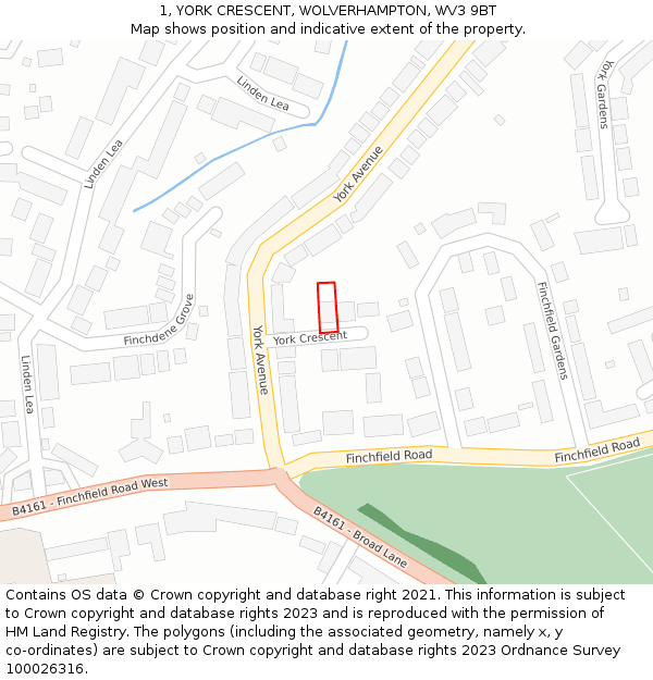 1, YORK CRESCENT, WOLVERHAMPTON, WV3 9BT: Location map and indicative extent of plot