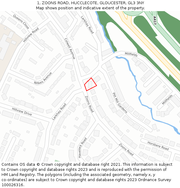 1, ZOONS ROAD, HUCCLECOTE, GLOUCESTER, GL3 3NY: Location map and indicative extent of plot