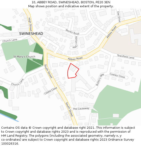 10, ABBEY ROAD, SWINESHEAD, BOSTON, PE20 3EN: Location map and indicative extent of plot