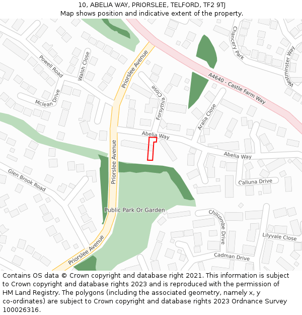 10, ABELIA WAY, PRIORSLEE, TELFORD, TF2 9TJ: Location map and indicative extent of plot