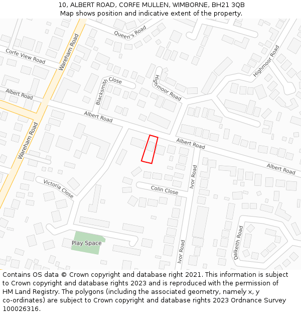 10, ALBERT ROAD, CORFE MULLEN, WIMBORNE, BH21 3QB: Location map and indicative extent of plot