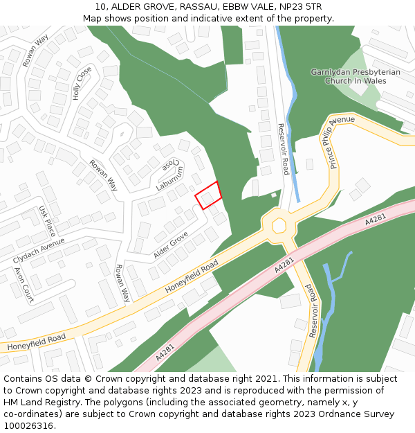 10, ALDER GROVE, RASSAU, EBBW VALE, NP23 5TR: Location map and indicative extent of plot